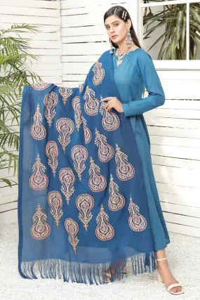 2716-INDIGO-BLUE EMBROIDERED WOOL SHAWL UNSTITCHED