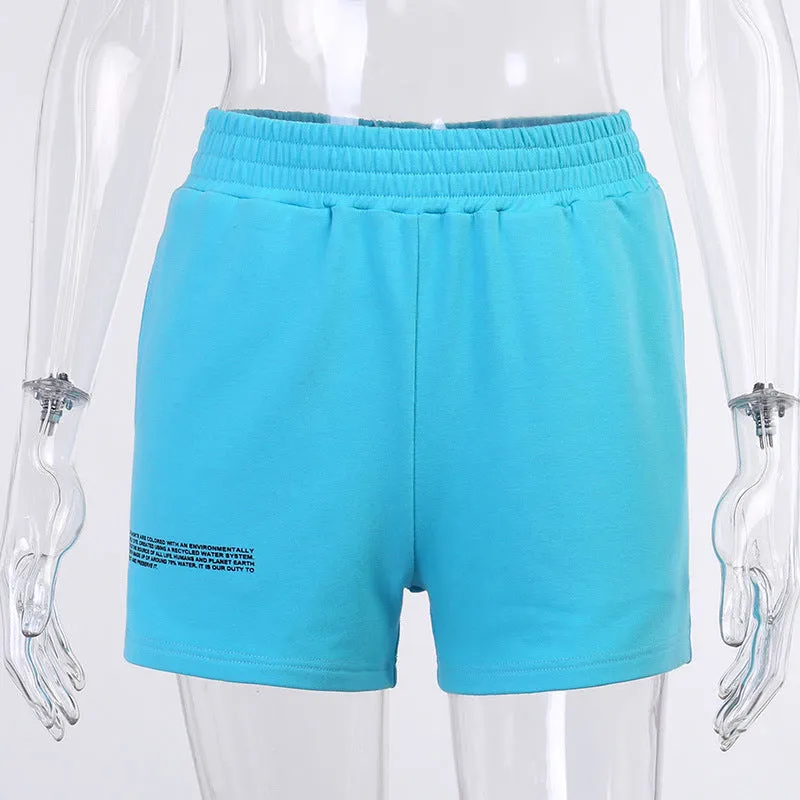 Casual Blue Letter Print Sports Shorts Wholesale Womens Clothing