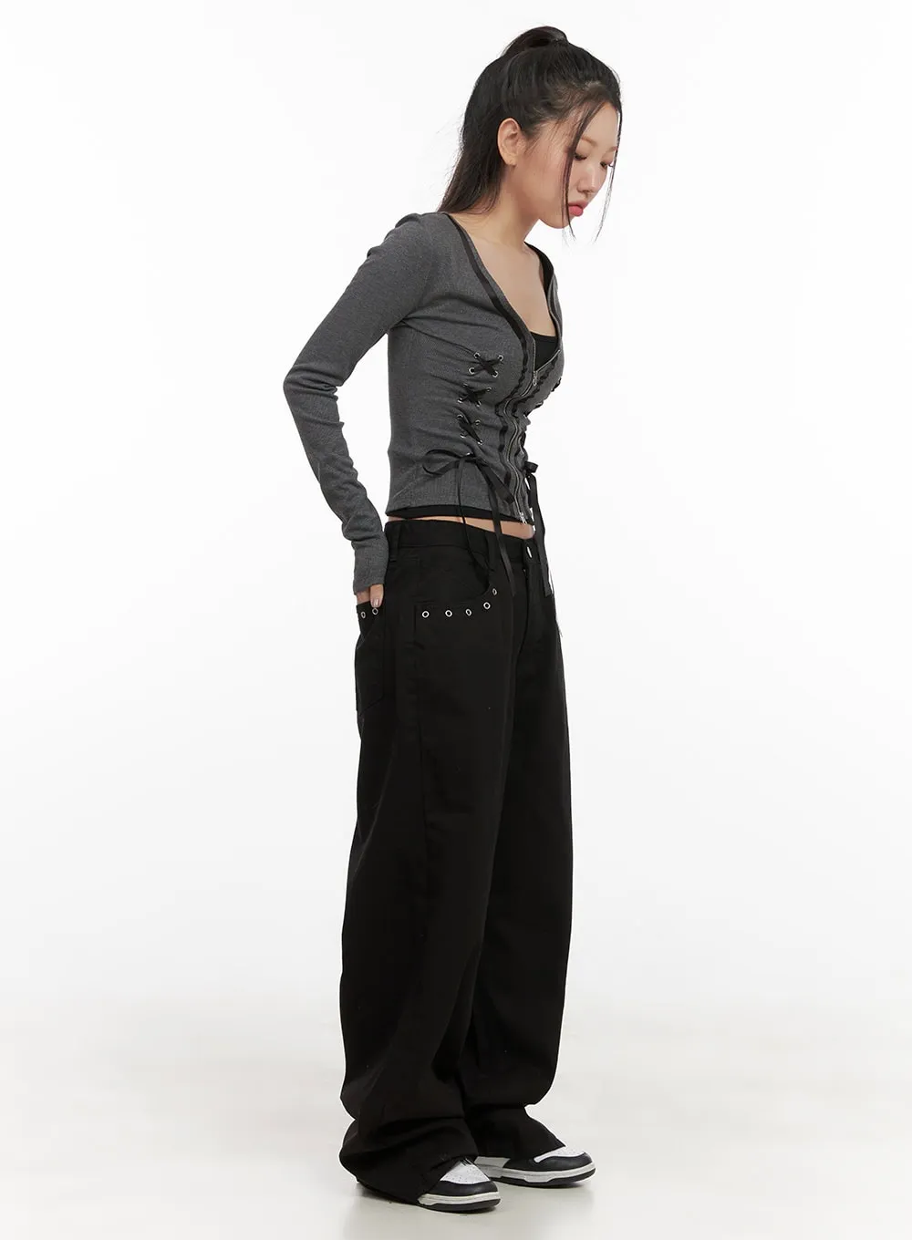 Cotton Eyelet Detail Wide-Leg Pants CD416